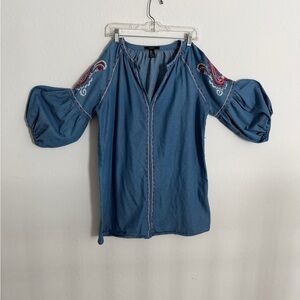 Embroidered Chambray Peasant Blouse - Blue with Red & White Accents
